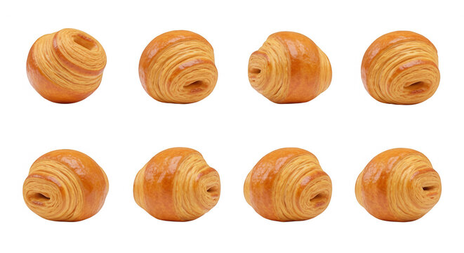 eight golden croissants arranged in a 2x4 grid on a clean white background breakfast imagery