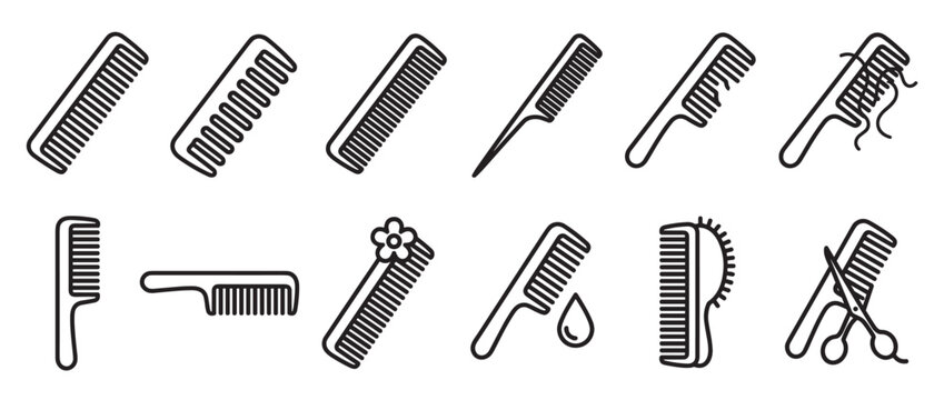 Collection of various black outline comb icons, including different styles and related hair care elements, presented as a graphic design