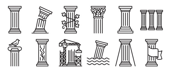 Fototapeta premium Collection of various black outline ancient column icons, depicting different styles, conditions, and symbolic elements