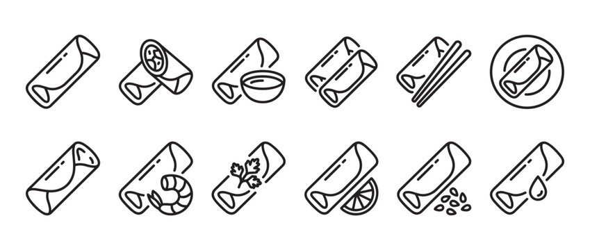 Collection of twelve black outline spring roll icons, each depicting a different variation or accompaniment, presented in a clean, graphic style