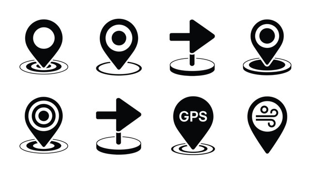 Collection of various black location pin and map marker icons, vector illustration set for navigation, GPS, maps, travel, and app interface design projects