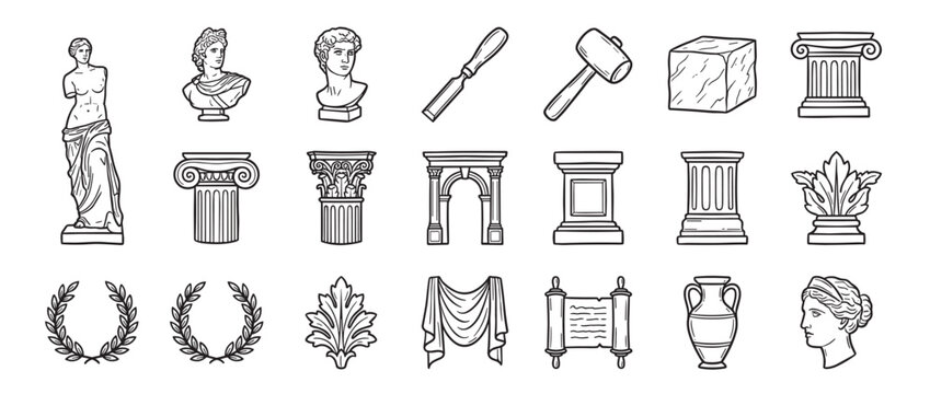 Collection of hand-drawn ancient Greek and Roman art elements, including statues, columns, tools, and decorative motifs, in a clean line art style