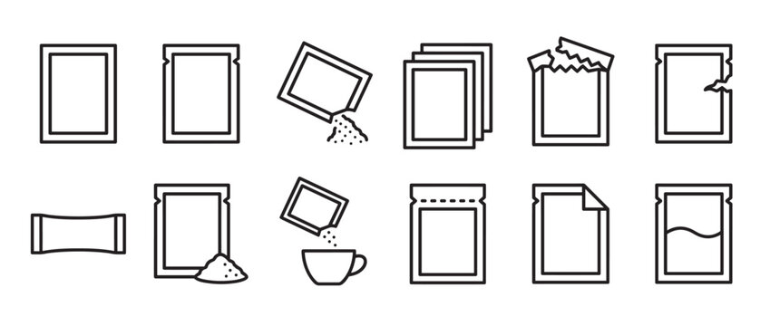 Collection of various line art icons depicting different types of sachets and their uses, presented in a clean, minimalist style