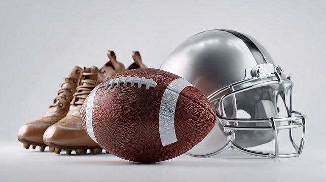American football helmet, brown leather ball, and cleats grouped together on a white background, symbolizing competition, teamwork, and athletic performance