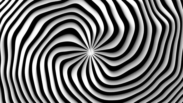 hypnotic black and white distorted spiral illusion background; psychedelic optical illusion with warping monochromatic lines and dizzying swirl for abstract visual effects