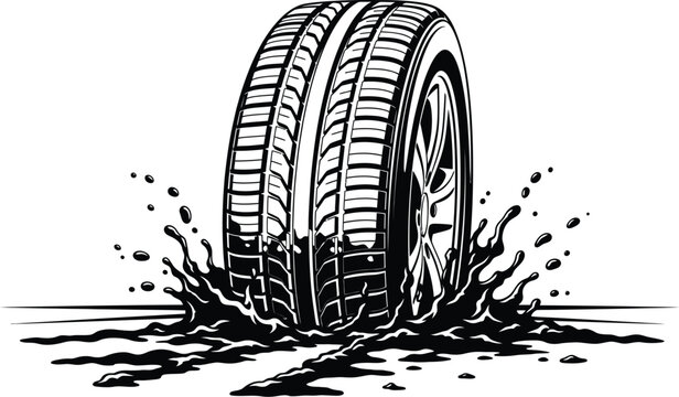 A tire sinking into muddy terrain, illustrating difficult driving conditions