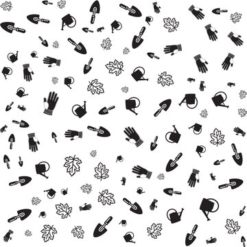 Seamless pattern featuring various gardening tools and autumn leaves on a white background surface