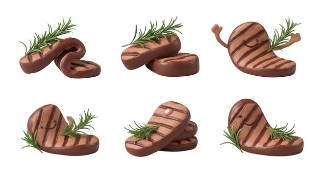 playful clay steaks with rosemary on white arranged in different poses food art diet or cooking content