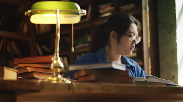 Young diligent Asian woman studying literature in a library, reading books