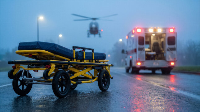 Emergency medical scene with ambulance stretcher, helicopter, and ambulance on a wet, foggy road