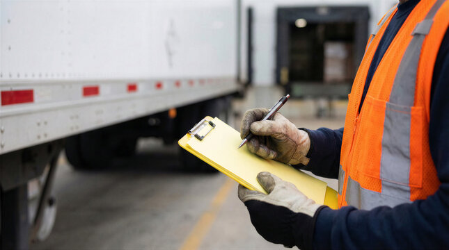 Logistics worker in safety vest and gloves writing on a clipboard next to a semitrailer truck at a loading dock