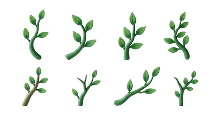 Fototapeta premium assortment of clay green branches with leaves on white background for illustrations design and education