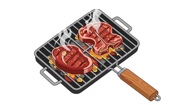 Two sizzling steaks with grill marks cook on a portable black metal barbecue grill with flames and smoke on a white background.