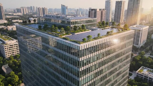 Futuristic eco city skyline with optimistic mood showcasing green parks and solar panel rooftops against urban sunset background