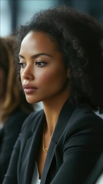 Confident, assertive female executive in suit looking ahead