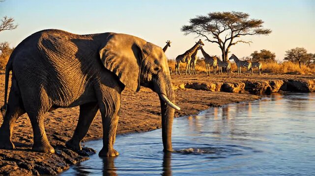 African elephant drinking from river alongside zebras and giraffes during golden hour sunlight
