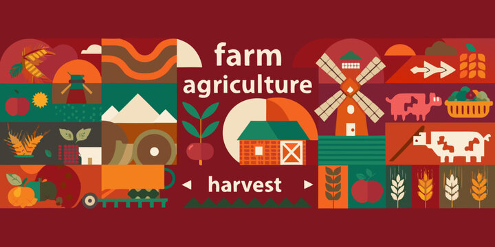 A colorful geometric illustration depicting various elements of farm life