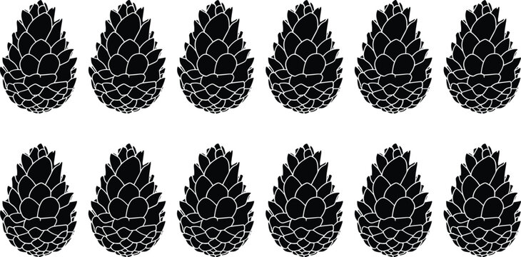 Pine cone silhouettes in decorative pattern, black vector illustration, nature artwork background design for forest, botanical and seasonal themes