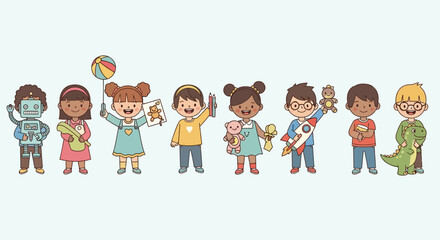 Fototapeta premium Set of happy children playing with toys in flat vector illustration style.