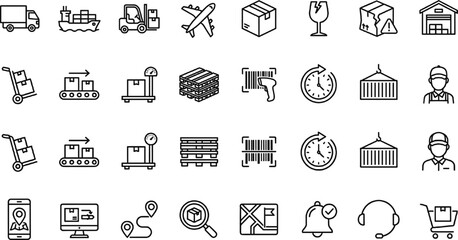 Fototapeta premium Logistics, Shipping, and Inventory Management Icons Set with Cargo, Barcode, Delivery Tracking, Packaging, and Warehouse Symbols for Websites, Apps, and Digital Media Designs