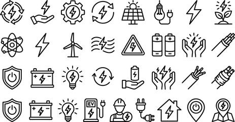 Fototapeta premium Renewable Energy and Power Icon Set with Solar, Wind, Battery, Electric Vehicle, and Eco-friendly Power Symbols for Websites, Apps, and Digital Media Designs