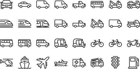 Transportation and Vehicle Icons Set with Cars, Trucks, Buses, Trains, Motorcycles, Ambulances, and Fueling Stations for Websites, Apps, and Digital Media Designs © Md Shujan islam