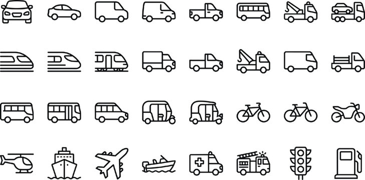 Transportation and Vehicle Icons Set with Cars, Trucks, Buses, Trains, Motorcycles, Ambulances, and Fueling Stations for Websites, Apps, and Digital Media Designs