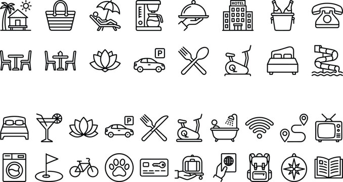 Set of business vector icons and web pictograms featuring computer sign symbols and hand illustrations for internet design