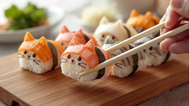 Colorful cat-shaped sushi rolls with chopsticks on wooden board