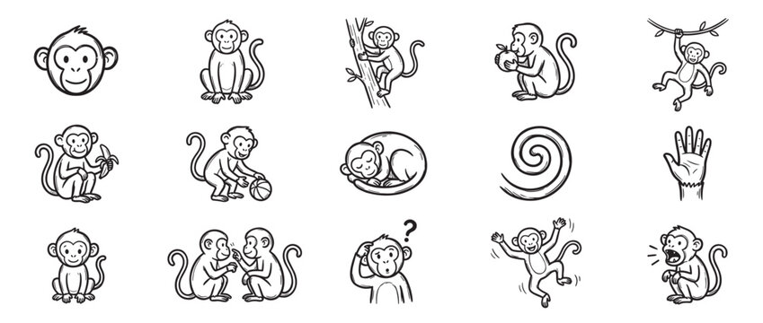 Collection of various cute cartoon monkey illustrations in different poses and expressions, rendered in a simple black and white outline style