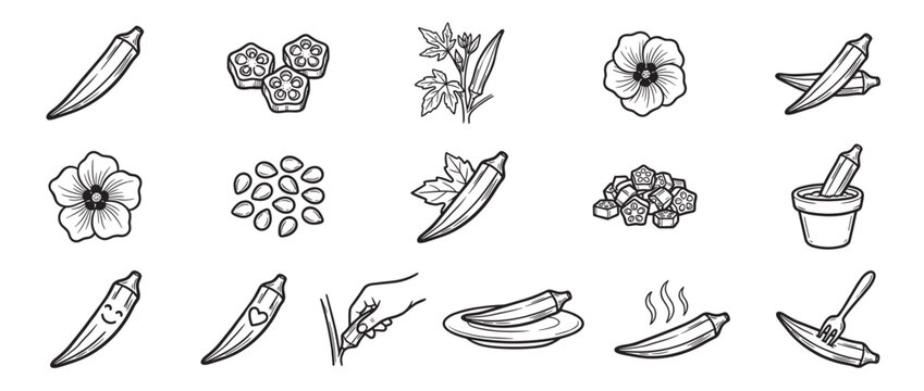 Collection of hand-drawn black and white okra illustrations showcasing whole pods, sliced pieces, seeds, flowers, and cooking preparations