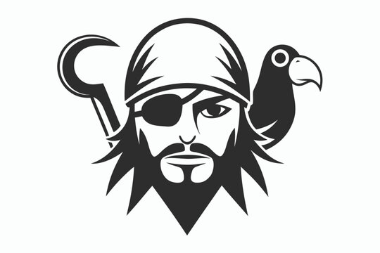 Traditional Pirate Captain with Hook Hand and Green Parrot on Shoulder Vector Character Illustration