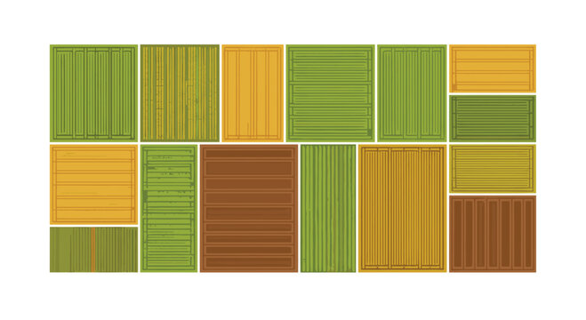 A structured grid of textured green, yellow, and brown rectangular patches forms a cohesive pattern on a white background.