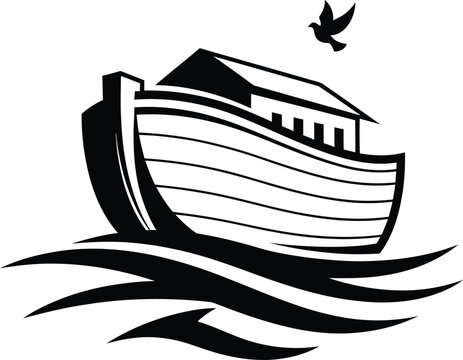Biblical Noah Ark Boat Icon on Ocean Waves &ndash; Monochrome Silhouette Vector Design