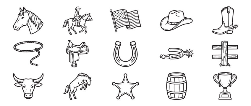 Collection of black and white line art western icons featuring a cowboy, horse, and various related objects