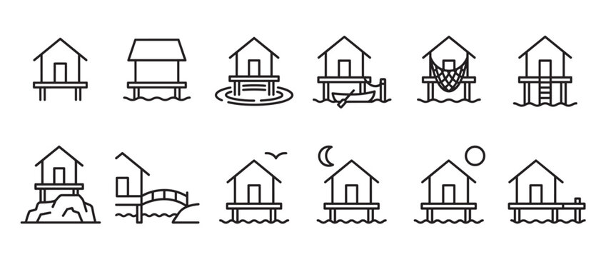 Collection of simple line art icons depicting various stilt houses and bungalows over water or land, in a clean, minimalist style