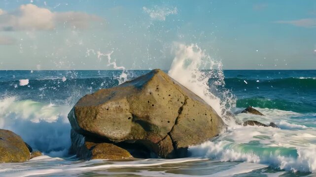 Spectacular sight of waves crashing against rocks on shore reefs