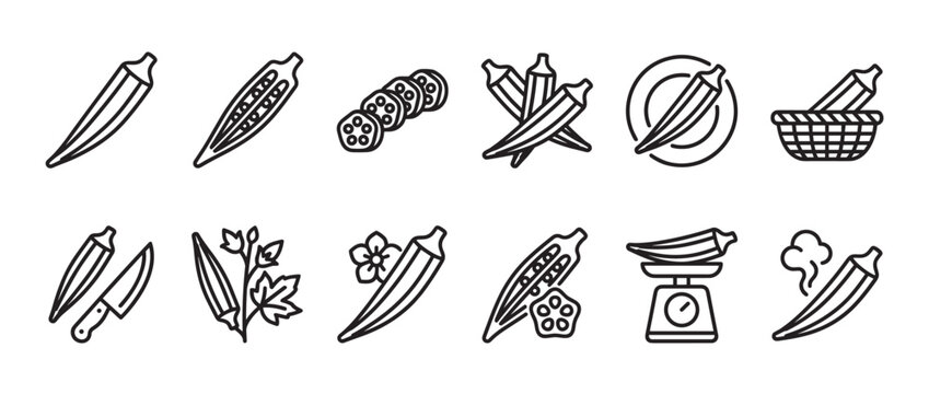 Collection of black outline okra icons illustrating whole pods, sliced pieces, and cooking preparations
