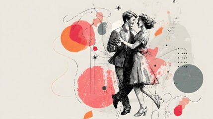 Fototapeta premium Romantic dancing couple illustration in a vintage-inspired midcentury style, elegant love and celebration design with coral, blush, gray, and black accents