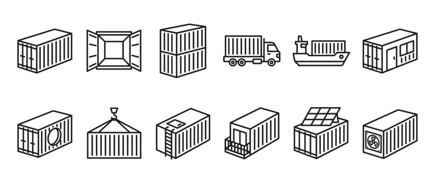 Collection of twelve black outline icons depicting various shipping containers and their transportation methods, presented in a clean, minimalist style
