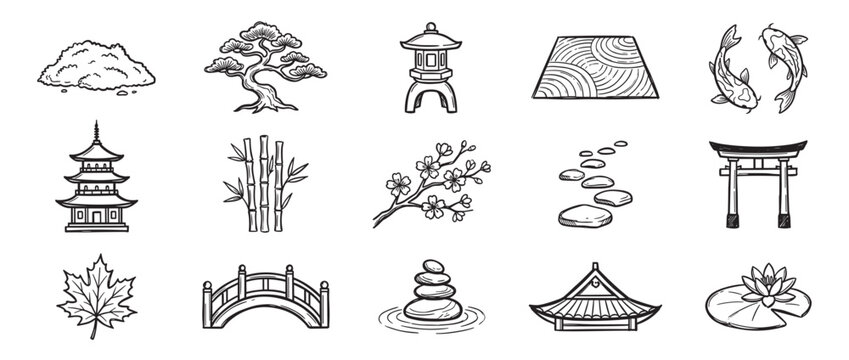 Collection of hand-drawn Japanese garden elements, including a pagoda, bonsai tree, bamboo, and koi fish, in a simple black and white outline style