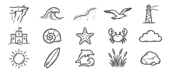 Obraz premium Collection of hand-drawn black and white doodle icons representing various beach and ocean elements in a simple, graphic style