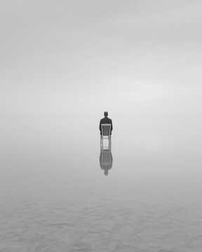 a man sitting with his back on a chair in the middle of a lake and fog.