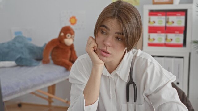 Young hispanic woman doctor with stethoscope resting chin on hand in pediatric clinic building exam room; exhaustion.