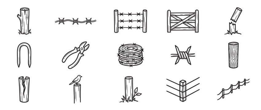 Various hand-drawn black and white icons depict different elements related to fencing, including barbed wire, wooden posts, and tools