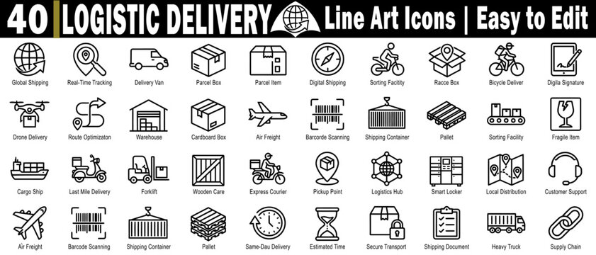 Logistic delivery line art icons set. Collection with shipping parcel tracking, warehouse air freight courier container smart locker logistics hub heavy truck chain. vector illustration.