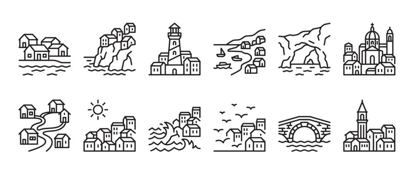 Collection of various outline icons depicting charming coastal towns and villages with houses, lighthouses, and bridges