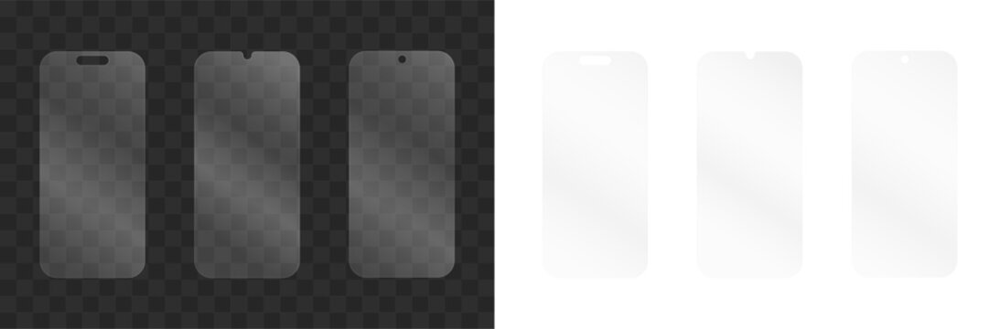 Set of realistic smartphone screen protector glass templates with various notch designs on transparent background