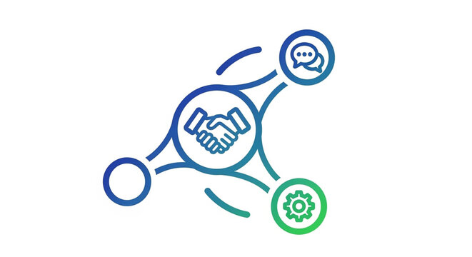 A vector graphic illustrating business partnership and communication with handshake and gear icons