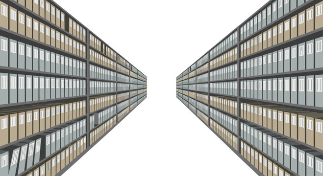 Two parallel rows of archive shelves filled with blue and beige binders recede into a white background.